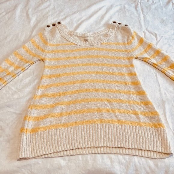 AERIE Cream & Yellow Striped Scoop Neck Sweater With Button Detail - Picture 4 of 10